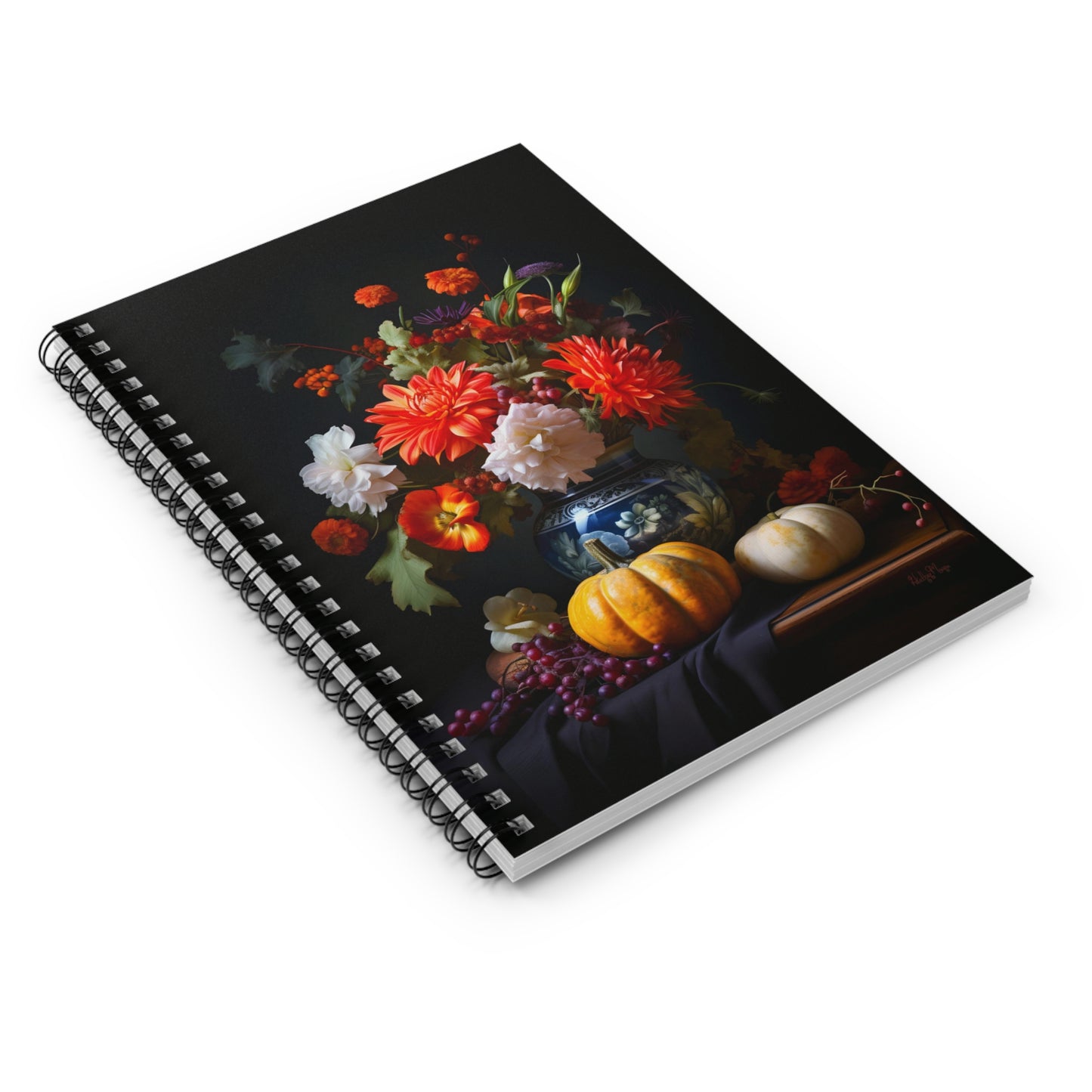 Flower Bouquet with Pumpkins and Fruit | Ruled Line Spiral Notebook