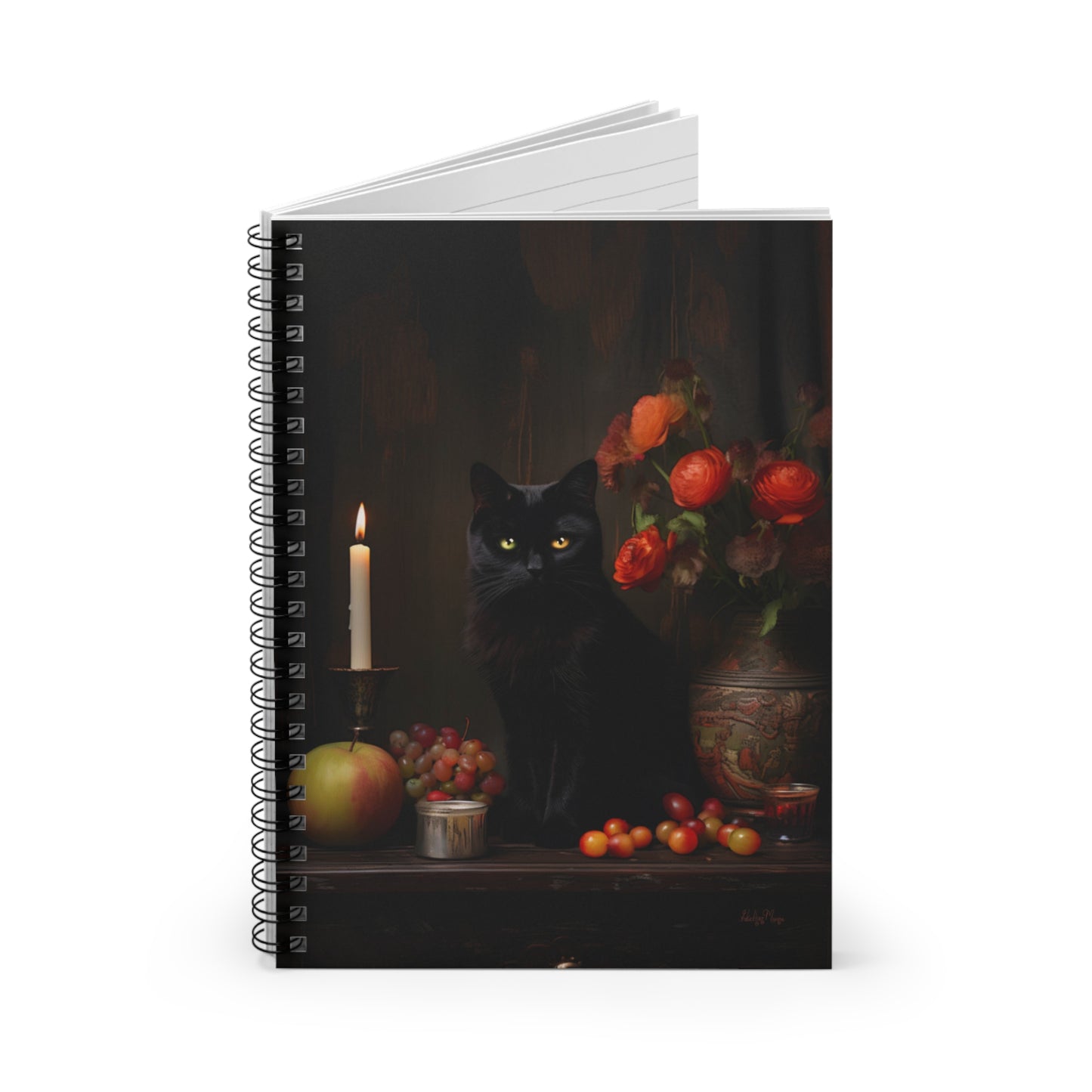 Black Cat with Flowers and Fruits | Ruled Line Spiral Notebook