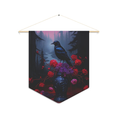 Crow Upon a Bouquet of Gothic Flowers | Hanging Pennant