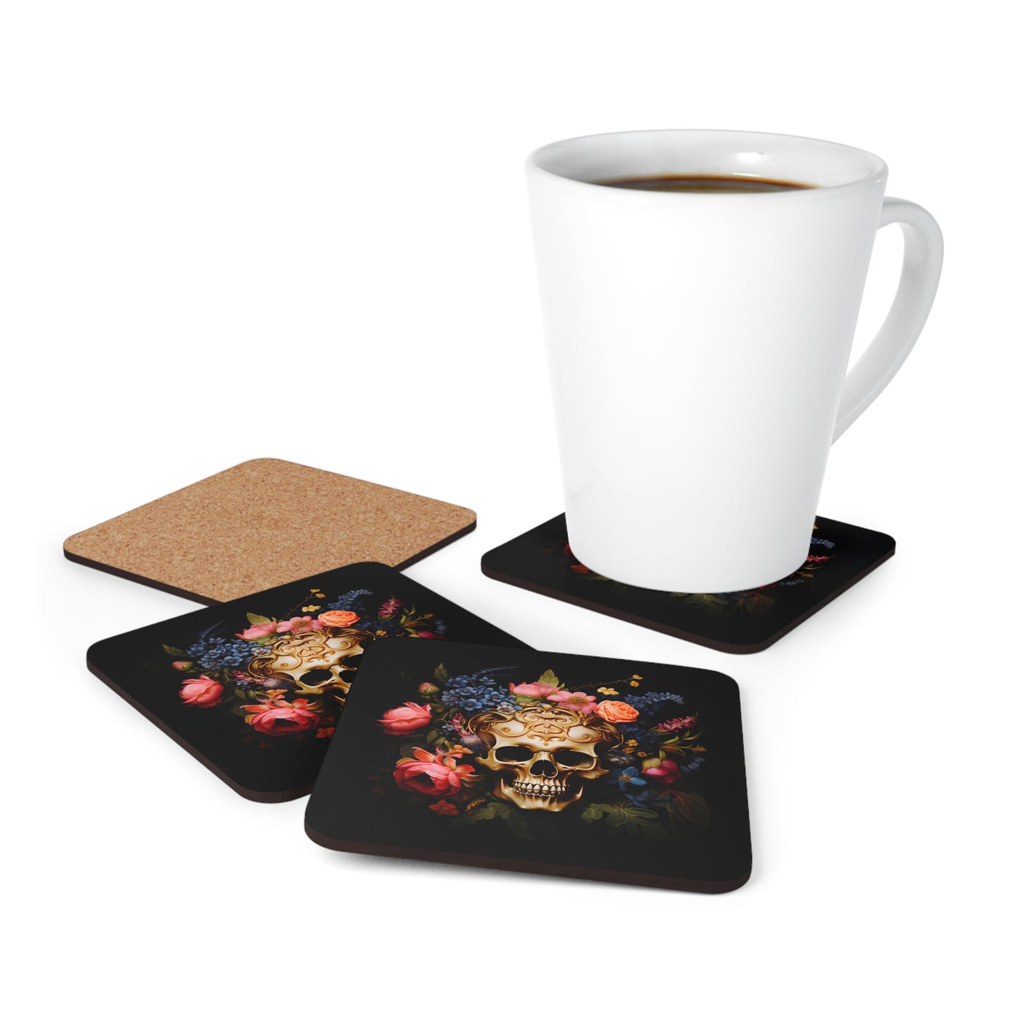 Golden Skull with Moody Flowers | Set of 4 Coasters