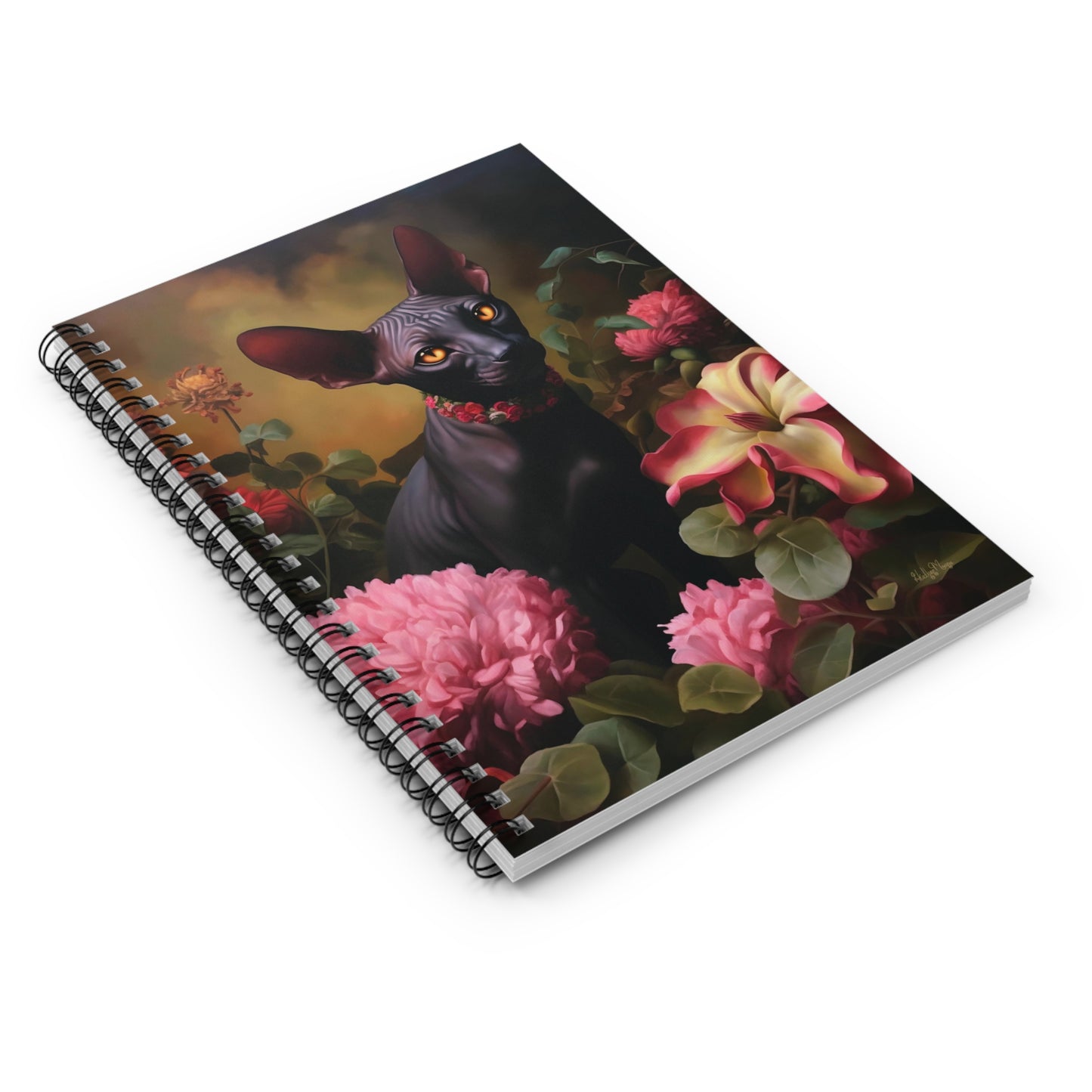 Black Sphynx Amongst Flowers | Ruled Line Spiral Notebook