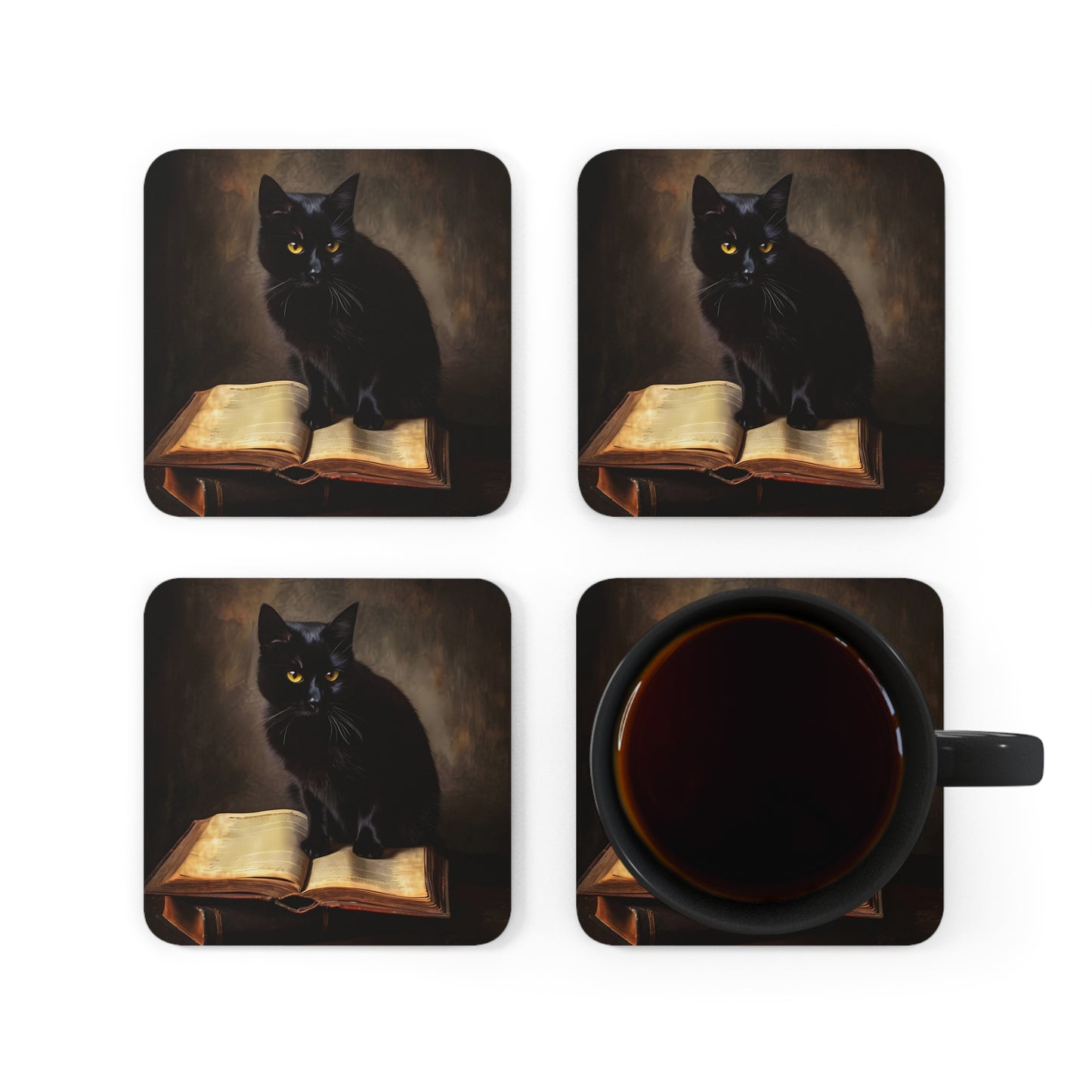 Black Cat with Books | Set of 4 Coasters