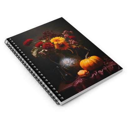 Autumn Flower Bouquet with Pumpkins | Ruled Line Spiral Notebook
