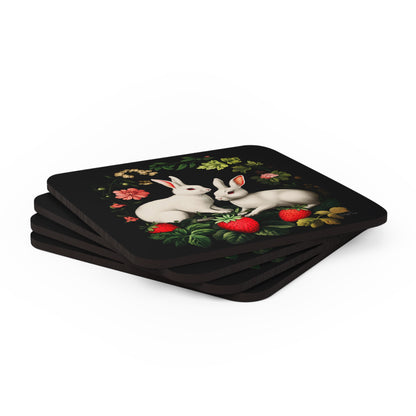 A Pair of Albino Bunnies with Berries | Set of 4 Coasters