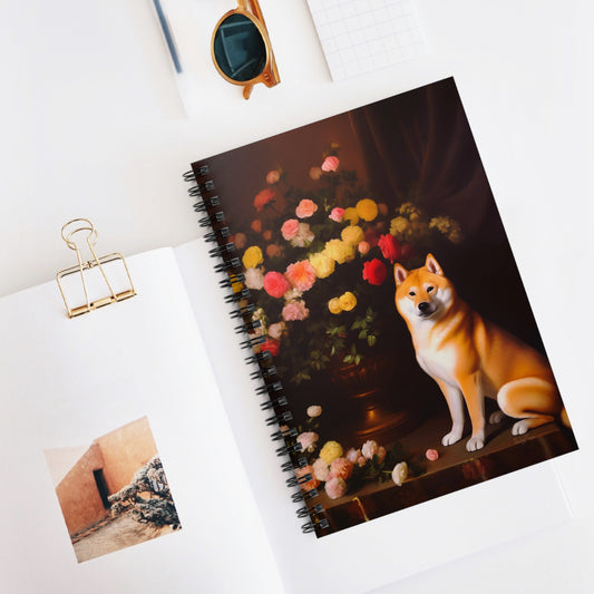 Shiba Inu Sitting Near a Flower Vase | Ruled Line Spiral Notebook