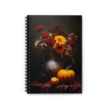 Autumn Flower Bouquet with Pumpkins | Ruled Line Spiral Notebook