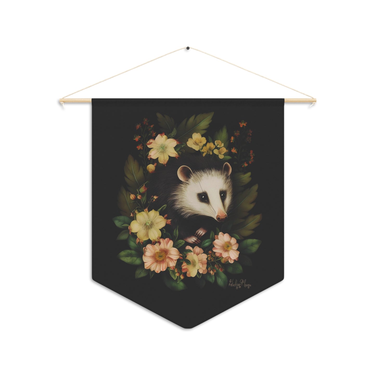 Fluffy Opossum with Flowers | Hanging Pennant
