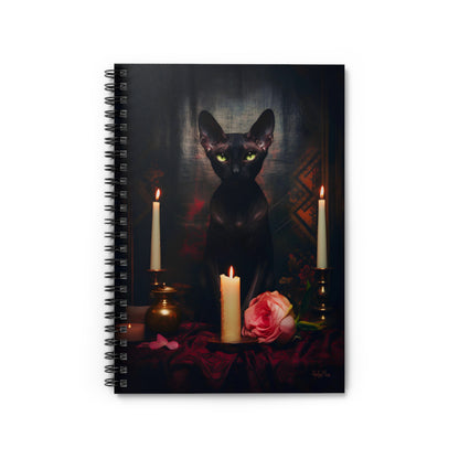 Velvety Black Sphynx with Candles | Ruled Line Spiral Notebook