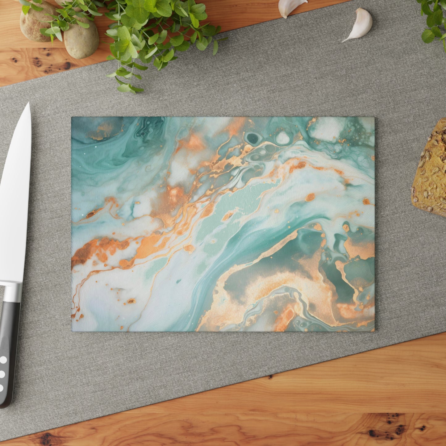 Soft Teal and Ivory Marble Glass Cutting Board
