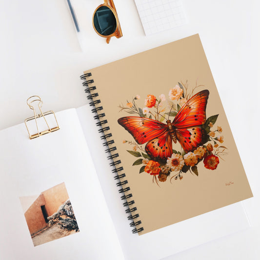 Orange and Ivory Moth with Flowers | Ruled Line Spiral Notebook