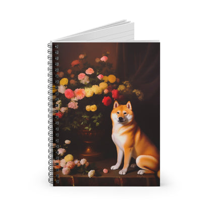 Shiba Inu Sitting Near a Flower Vase | Ruled Line Spiral Notebook