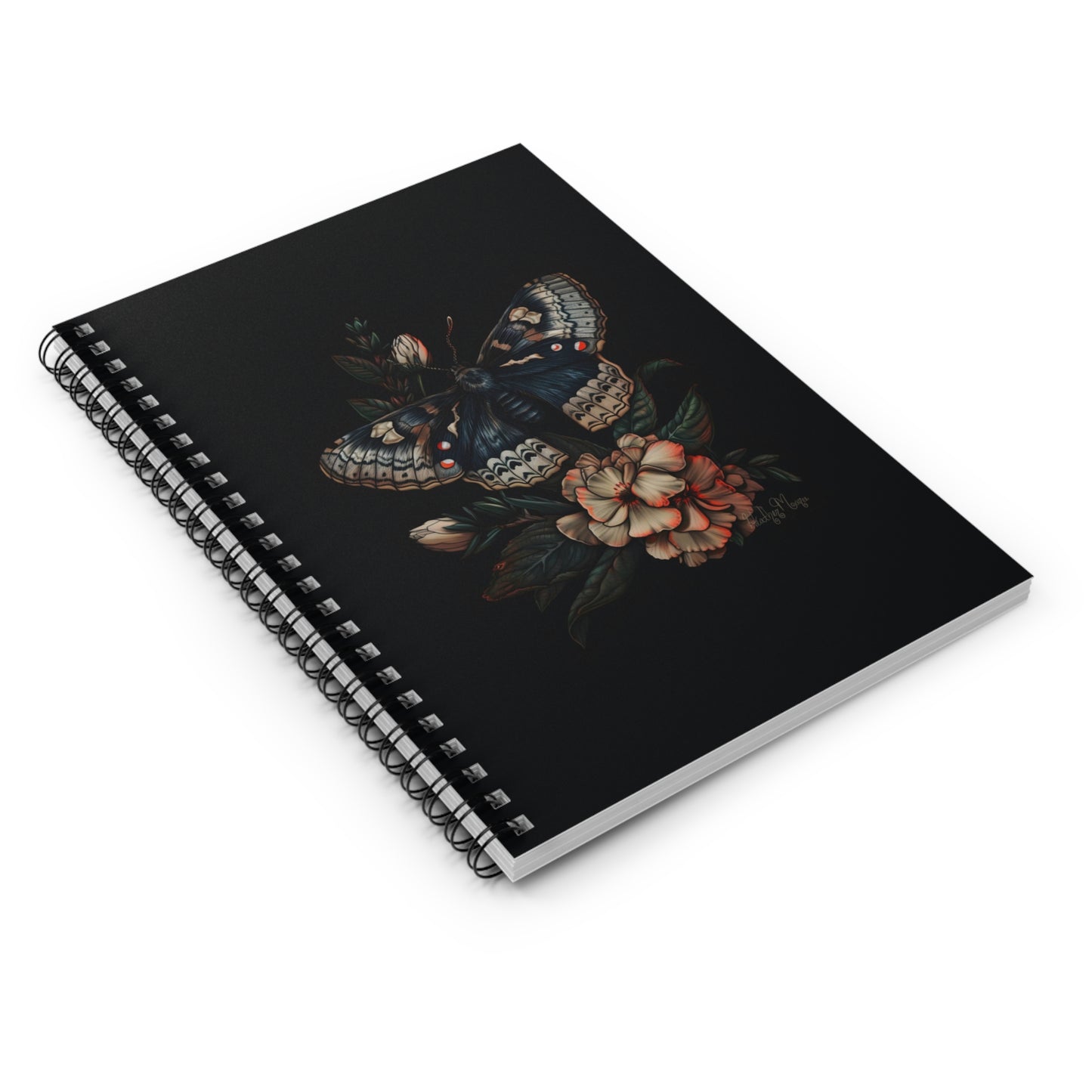 Blue Moth with Flowers | Ruled Line Spiral Notebook