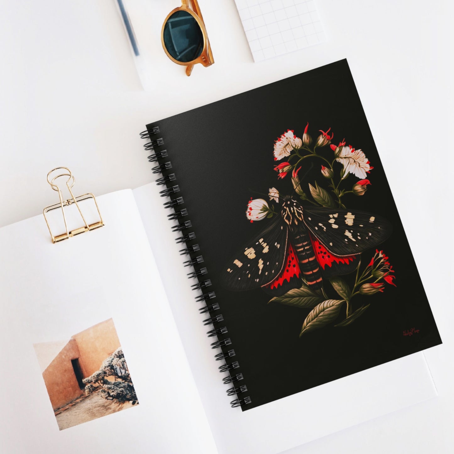 Black and Red Moth Amongst Flowers |  Ruled Line Spiral Notebook