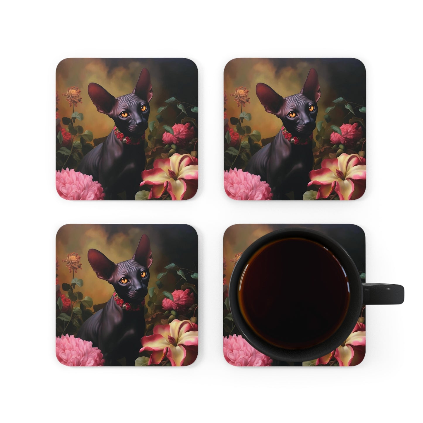 Black Sphynx Amongst Flowers | Set of 4 Coasters