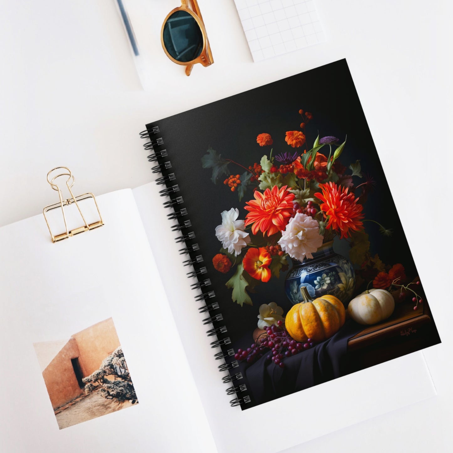 Flower Bouquet with Pumpkins and Fruit | Ruled Line Spiral Notebook