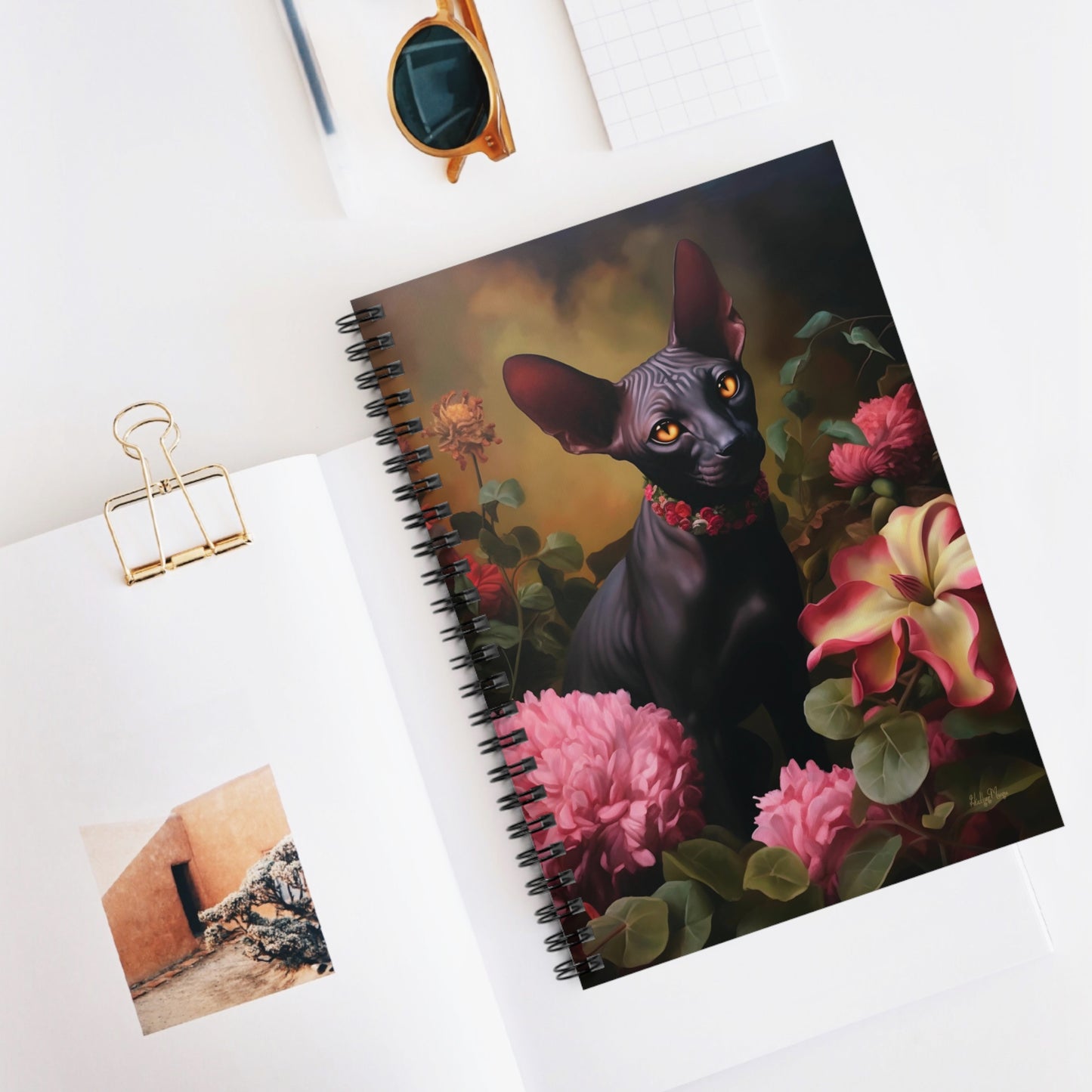 Black Sphynx Amongst Flowers | Ruled Line Spiral Notebook