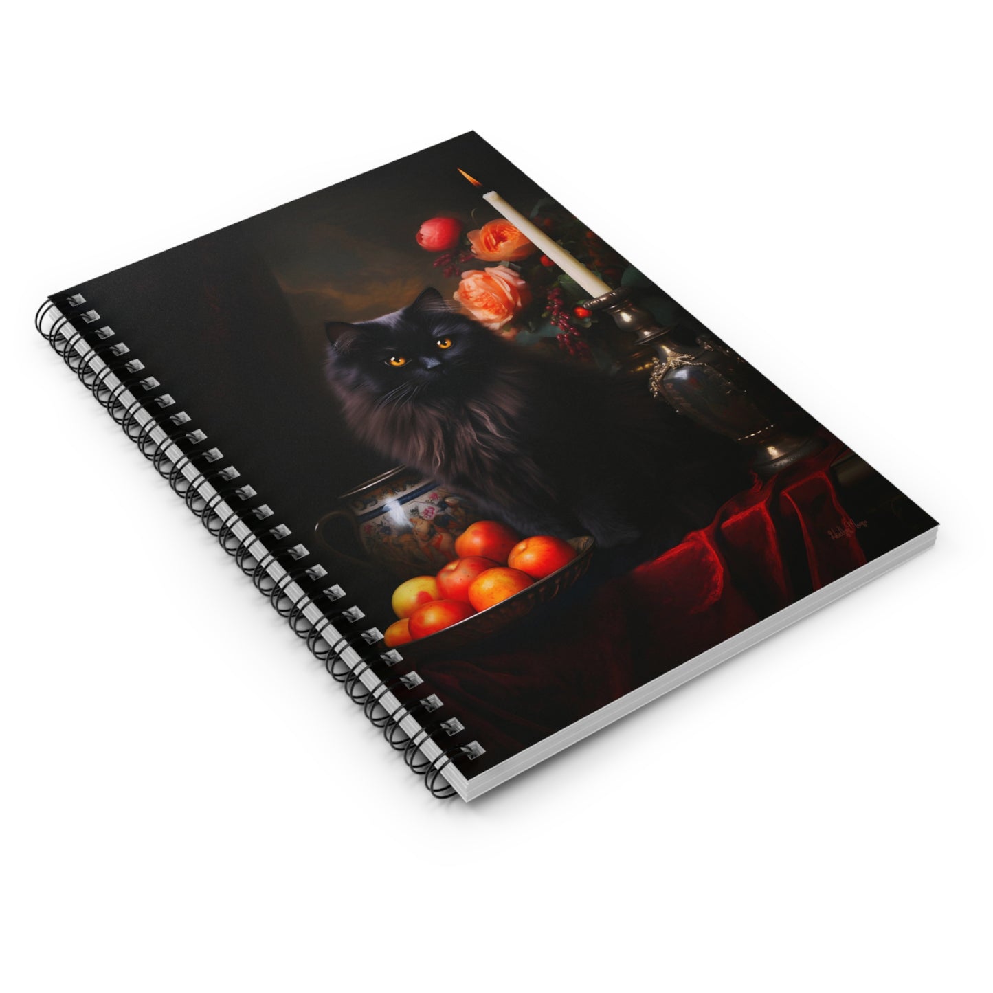 Black Persian with Fruit and Flowers | Ruled Line Spiral Notebook