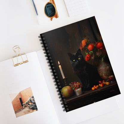 Black Cat with Flowers and Fruits | Ruled Line Spiral Notebook