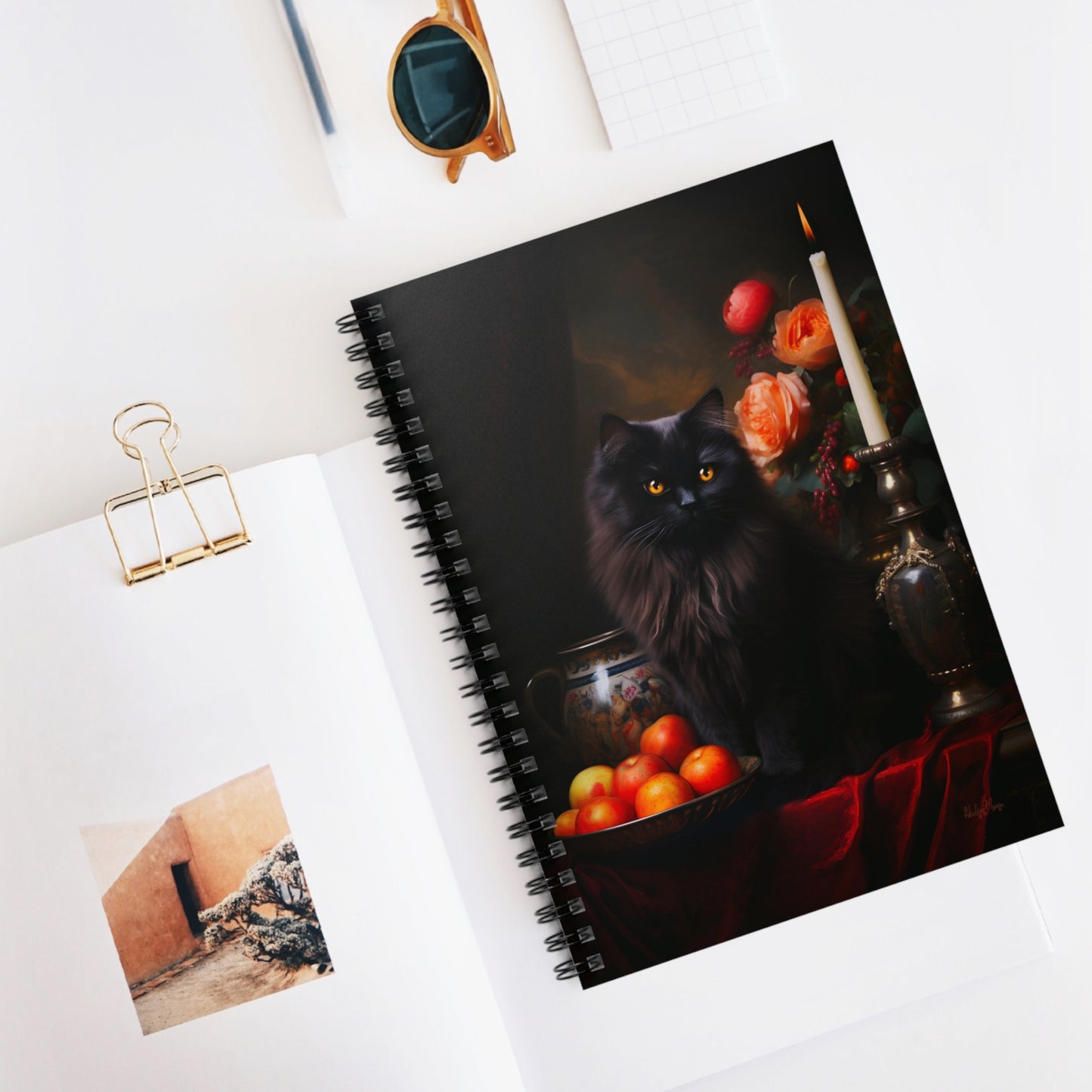 Black Persian with Fruit and Flowers | Ruled Line Spiral Notebook