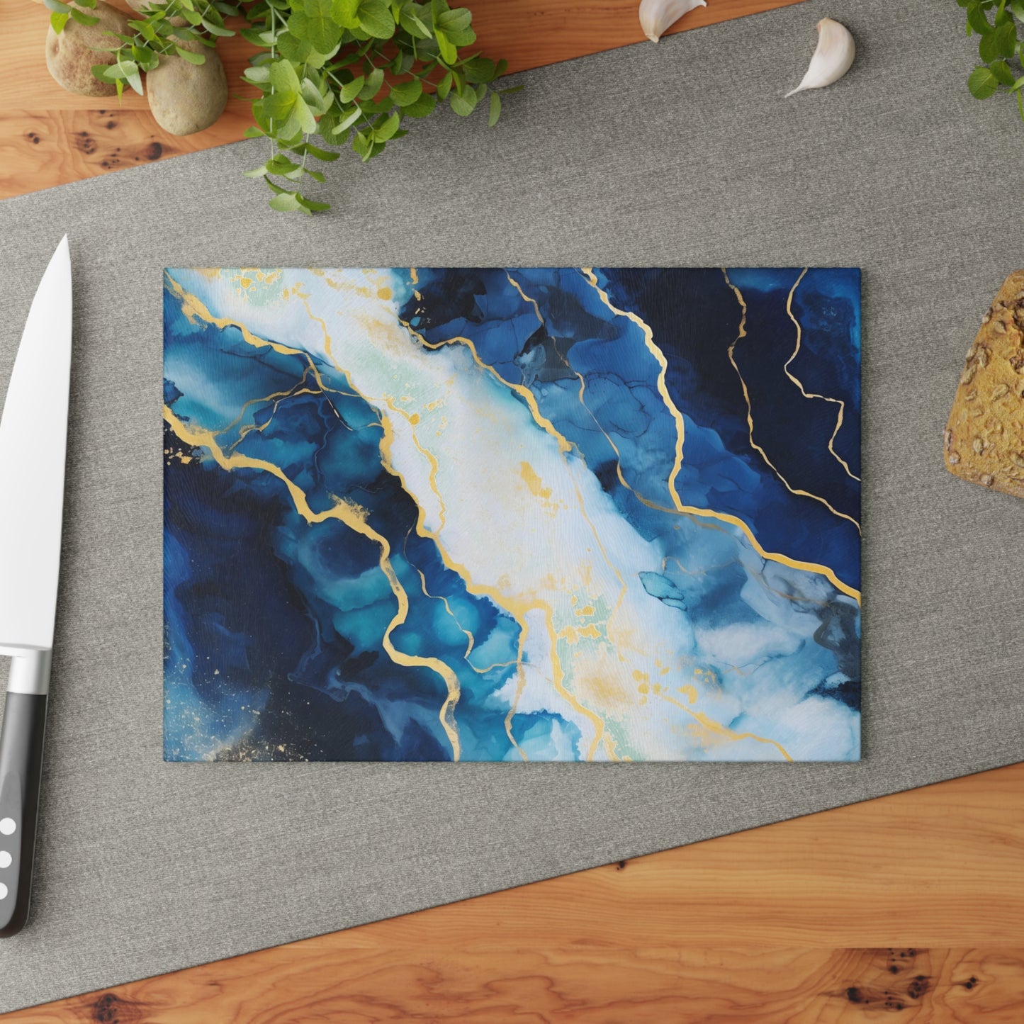 Navy Blue and Ivory Marble Glass Cutting Board