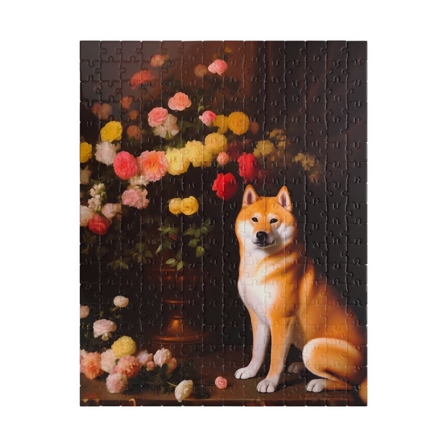 Shiba Inu Sitting Near a Flower Vase | Jigsaw Puzzle