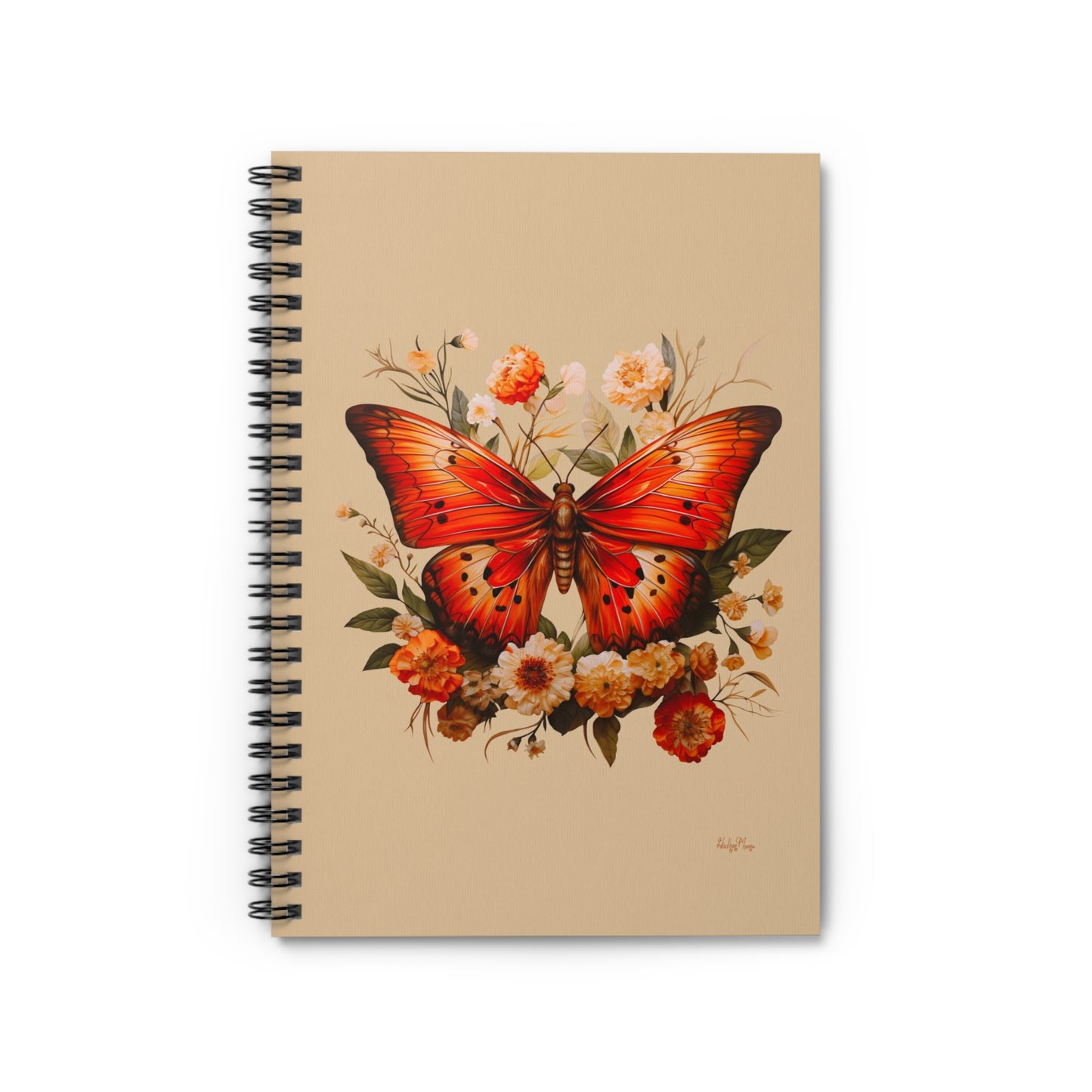 Orange and Ivory Moth with Flowers | Ruled Line Spiral Notebook