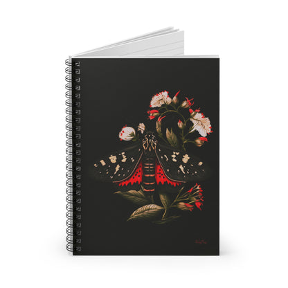 Black and Red Moth Amongst Flowers |  Ruled Line Spiral Notebook