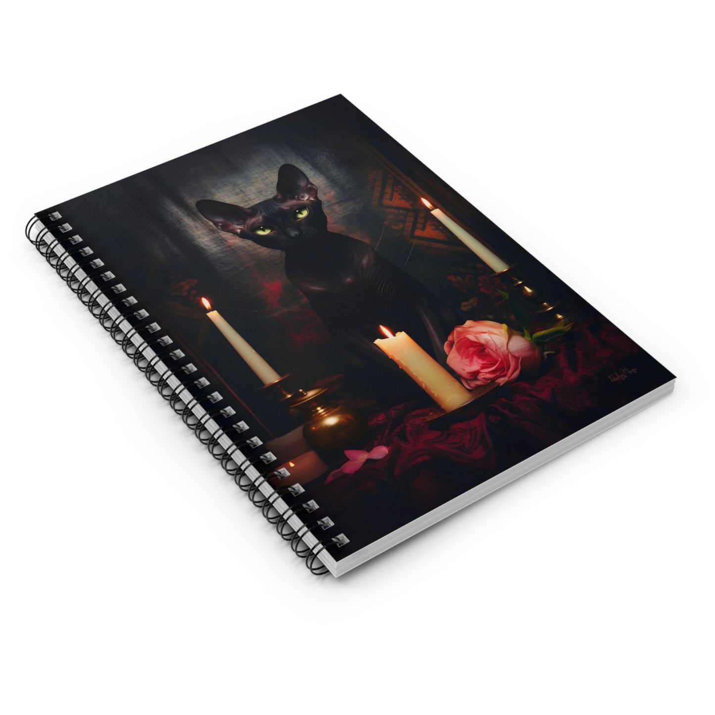 Velvety Black Sphynx with Candles | Ruled Line Spiral Notebook