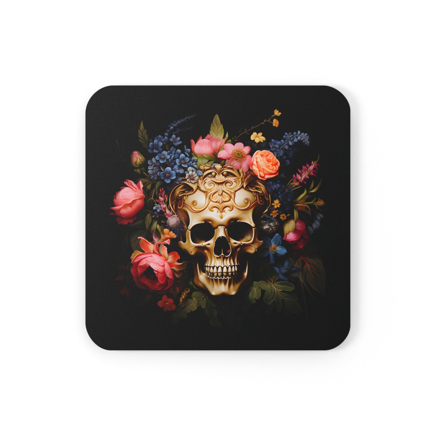 Golden Skull with Moody Flowers | Set of 4 Coasters
