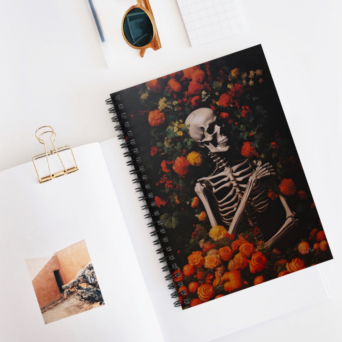 Skeleton Amongst Orange Blooms | Ruled Line Spiral Notebook