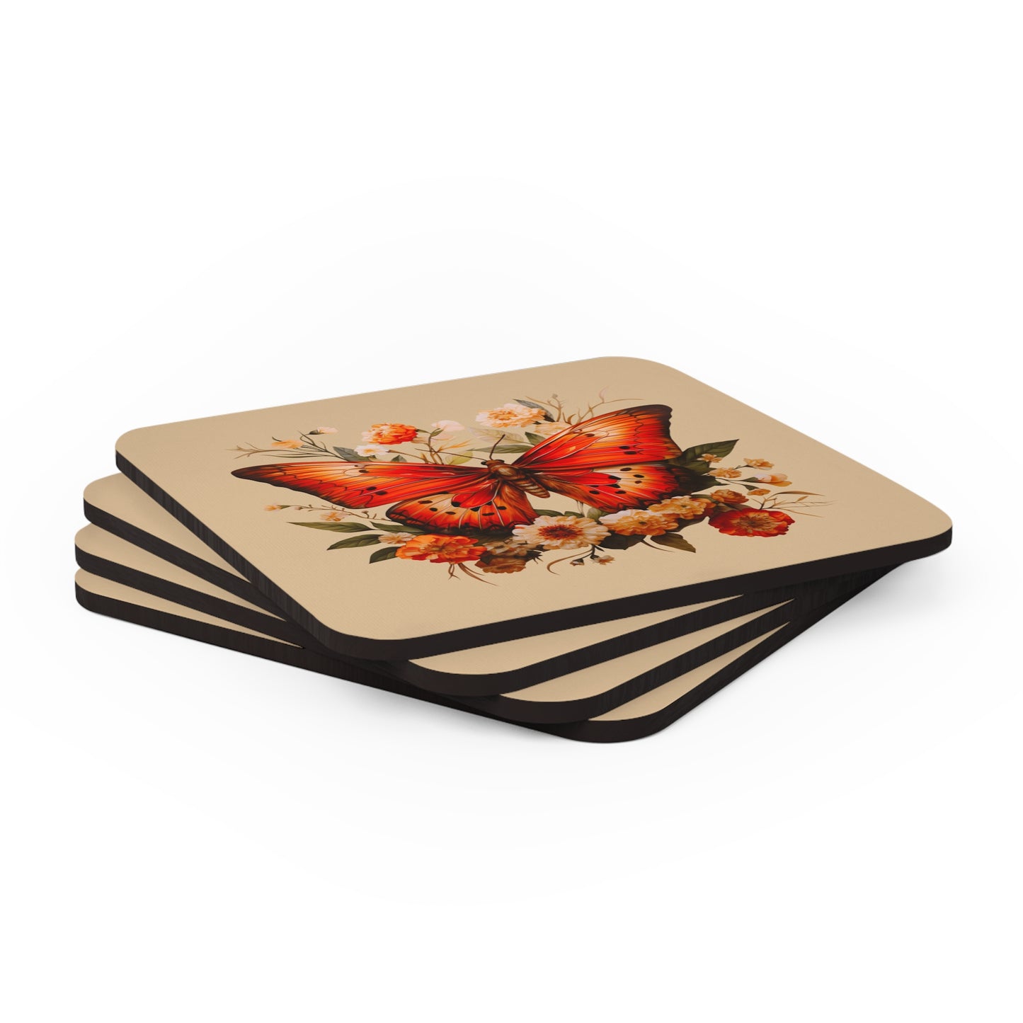 Orange and Ivory Moth Amongst Flowers | Set of 4 Coasters