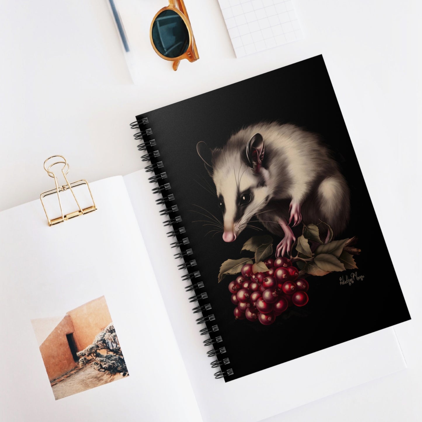 Opossum with Red Berries | Ruled Line Spiral Notebook