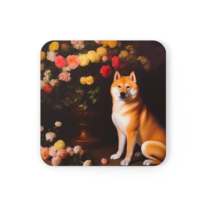 Shiba Inu Sitting Near a Flower Vase | Set of 4 Coasters