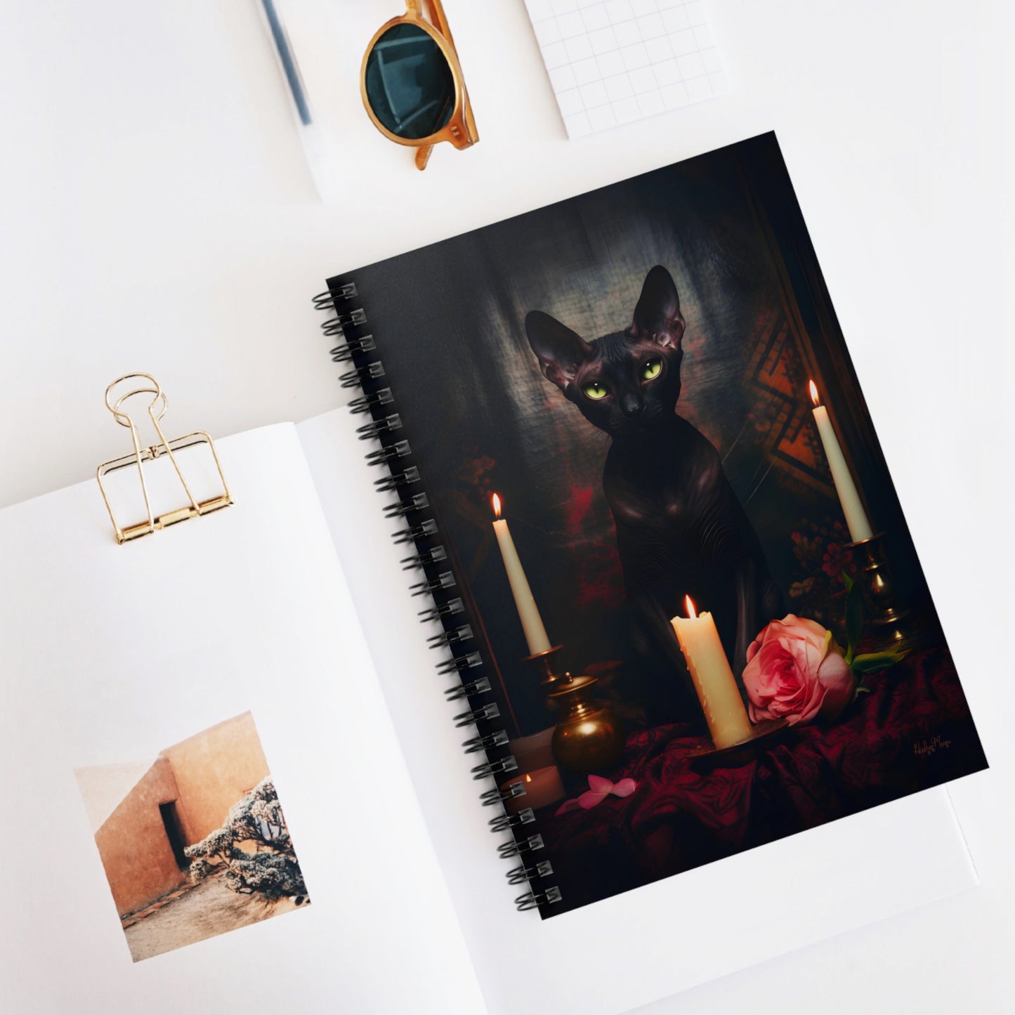 Velvety Black Sphynx with Candles | Ruled Line Spiral Notebook