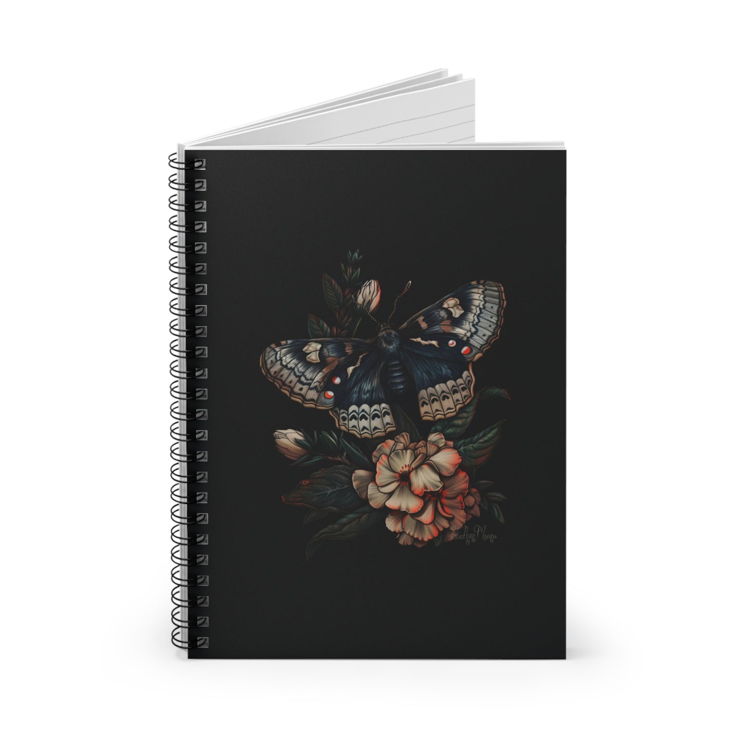 Blue Moth with Flowers | Ruled Line Spiral Notebook