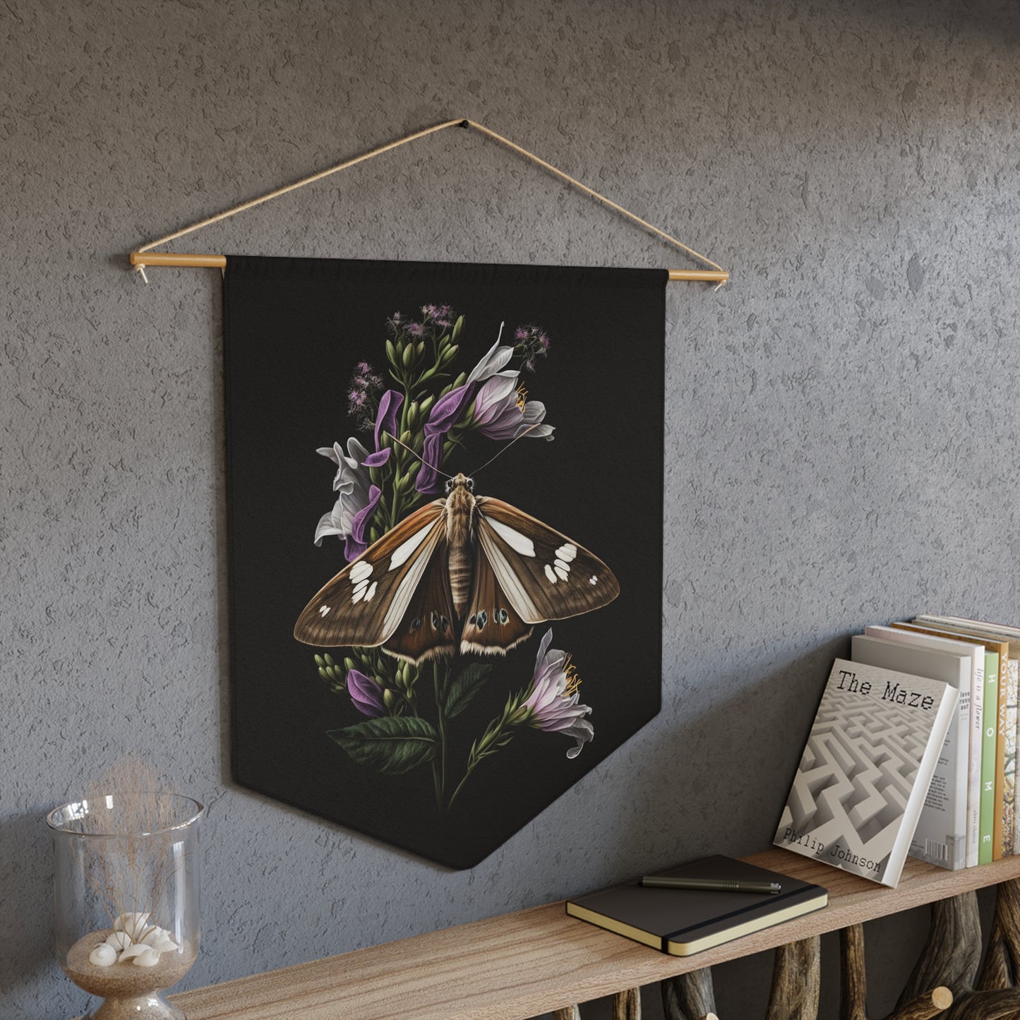 Brown Moth with Purple Flowers | Hanging Pennant