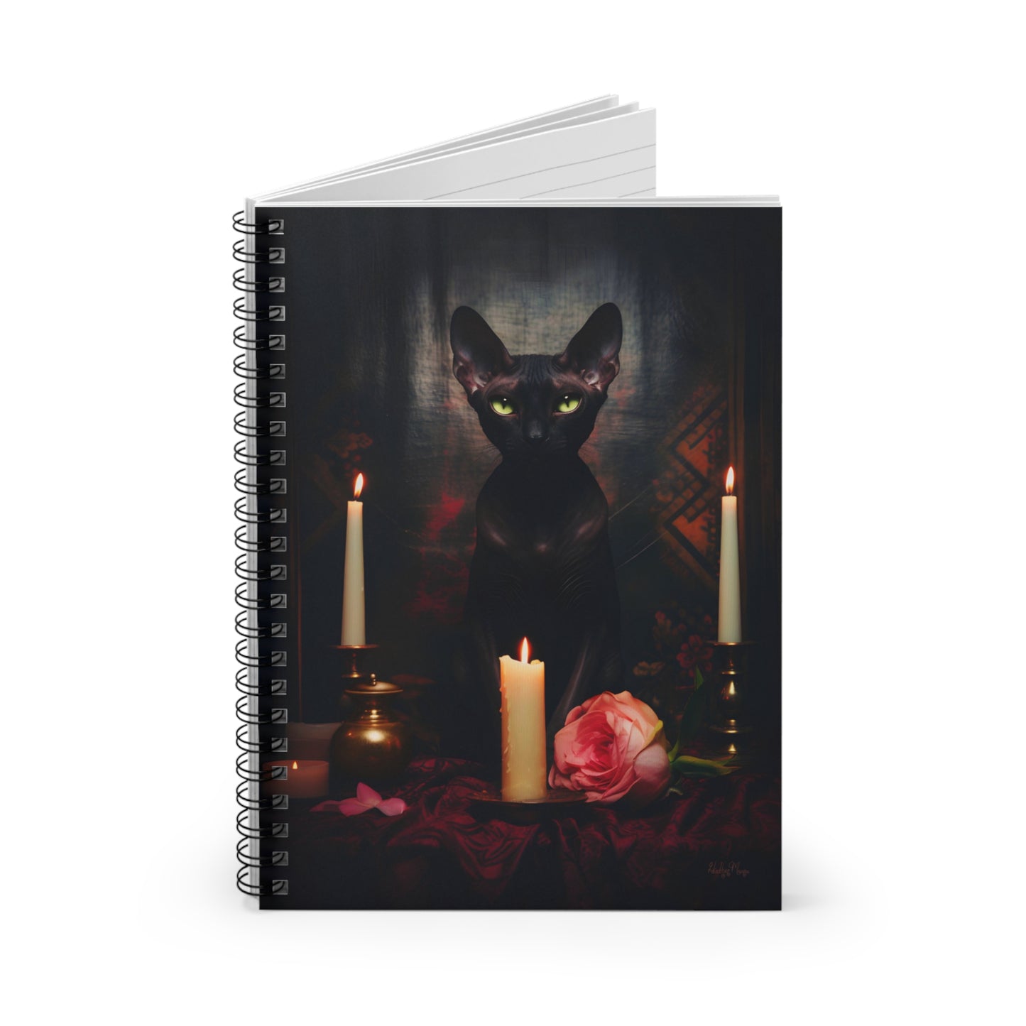 Velvety Black Sphynx with Candles | Ruled Line Spiral Notebook