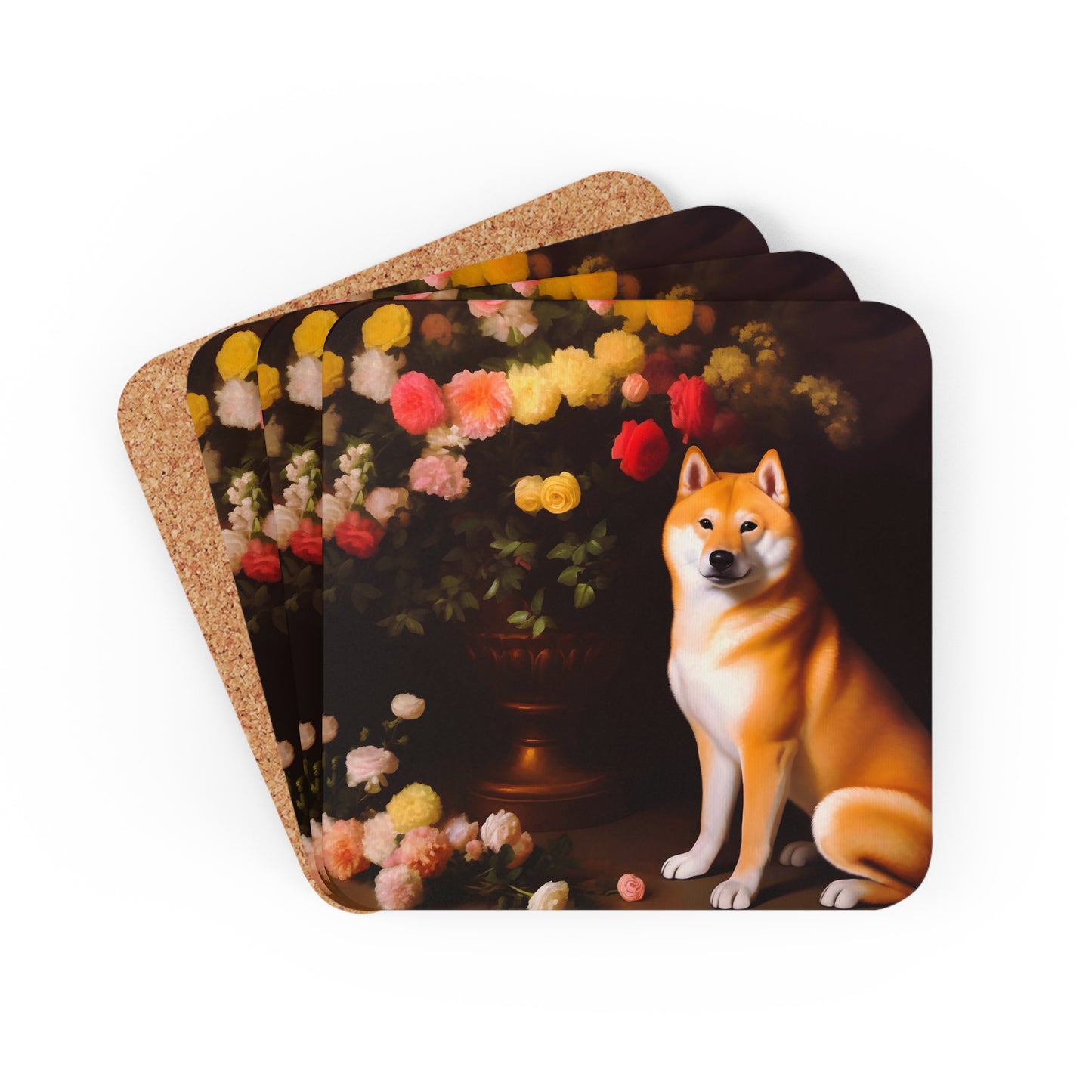 Shiba Inu Sitting Near a Flower Vase | Set of 4 Coasters