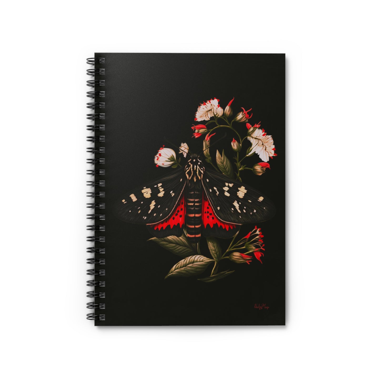 Black and Red Moth Amongst Flowers |  Ruled Line Spiral Notebook