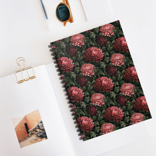 Pink Vintage Chrysanthemums | Ruled Line Spiral Notebook