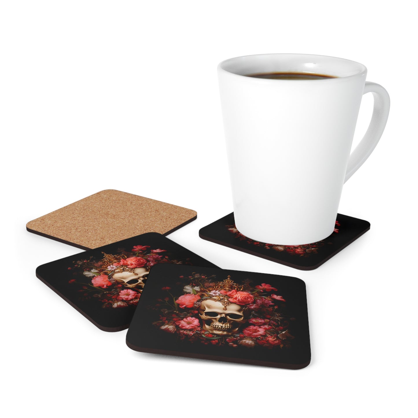 Skull with Golden Crown and Pink Flowers | Set of 4 Coasters