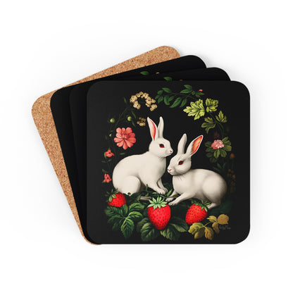 A Pair of Albino Bunnies with Berries | Set of 4 Coasters