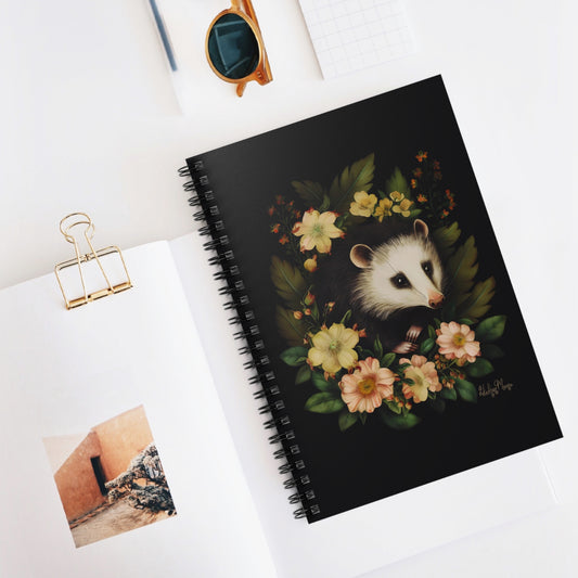 Fluffy Opossum with Flowers | Ruled Line Spiral Notebook