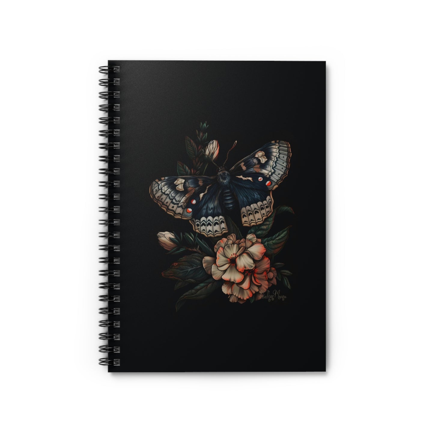 Blue Moth with Flowers | Ruled Line Spiral Notebook