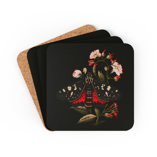Black and Red Moth Amongst Flowers | Set of 4 Coasters