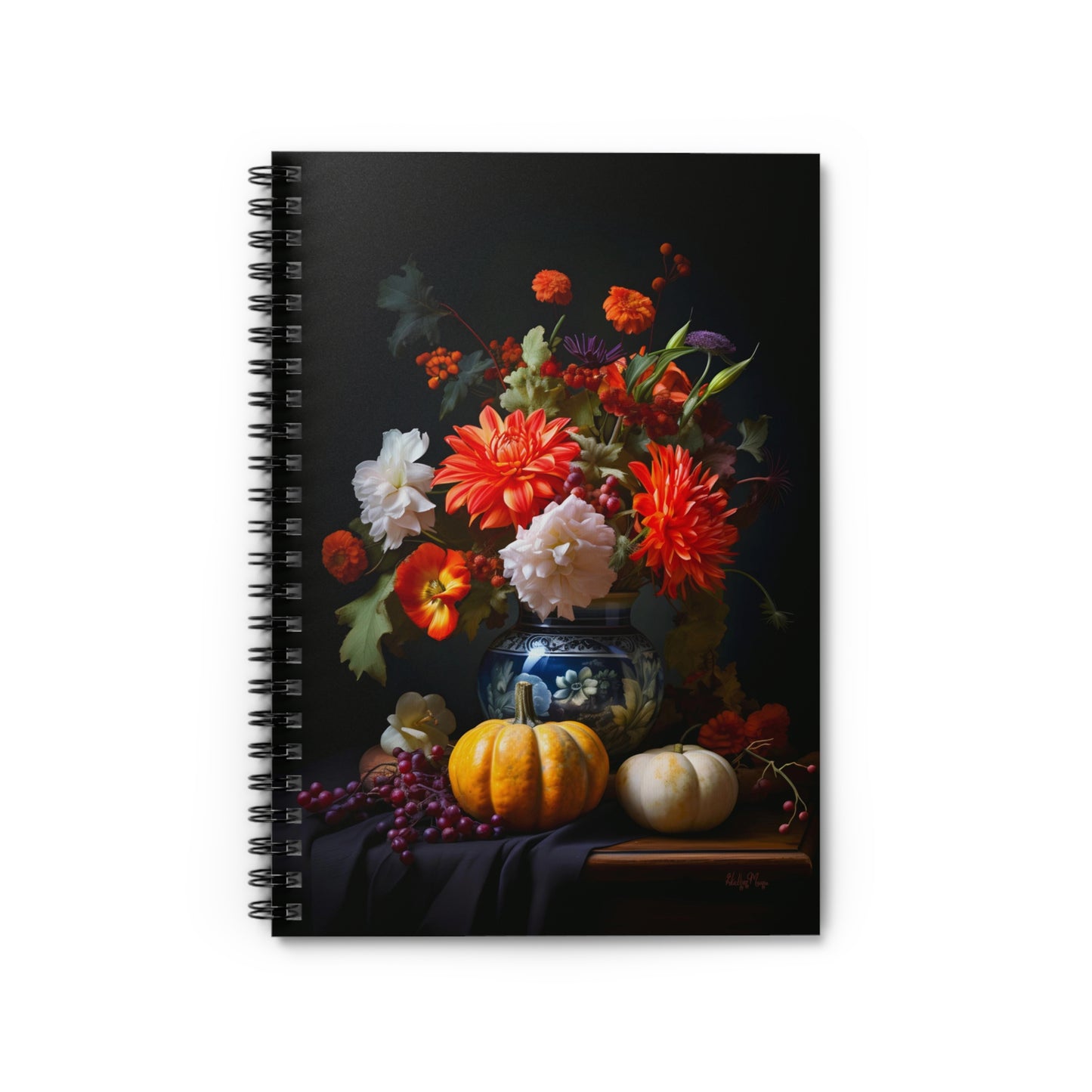 Flower Bouquet with Pumpkins and Fruit | Ruled Line Spiral Notebook