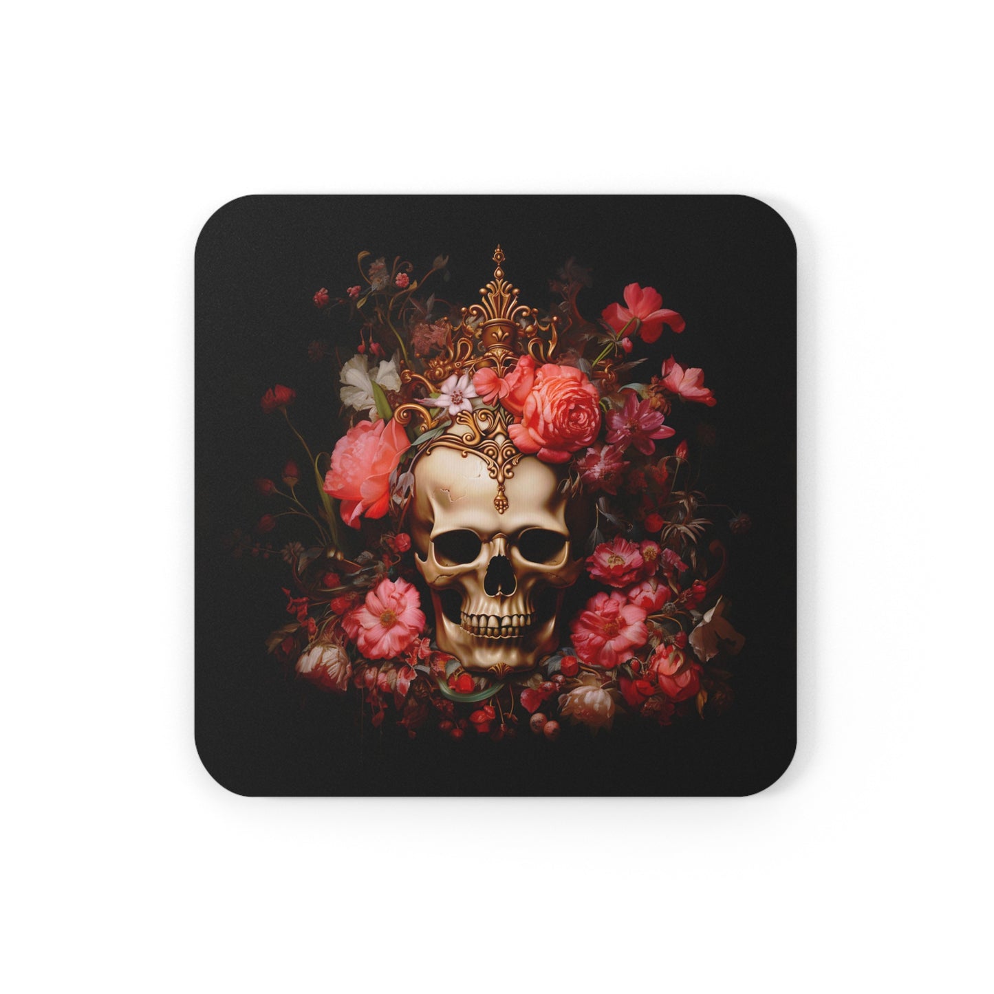 Skull with Golden Crown and Pink Flowers | Set of 4 Coasters