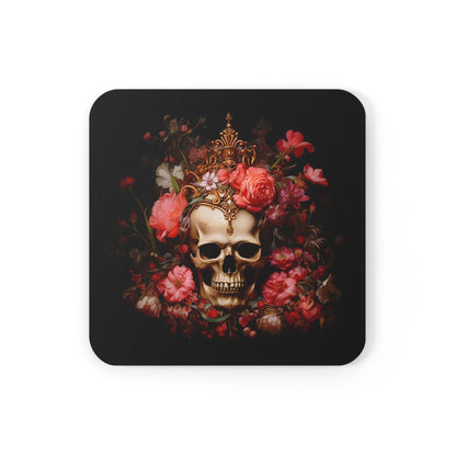 Skull with Golden Crown and Pink Flowers | Set of 4 Coasters