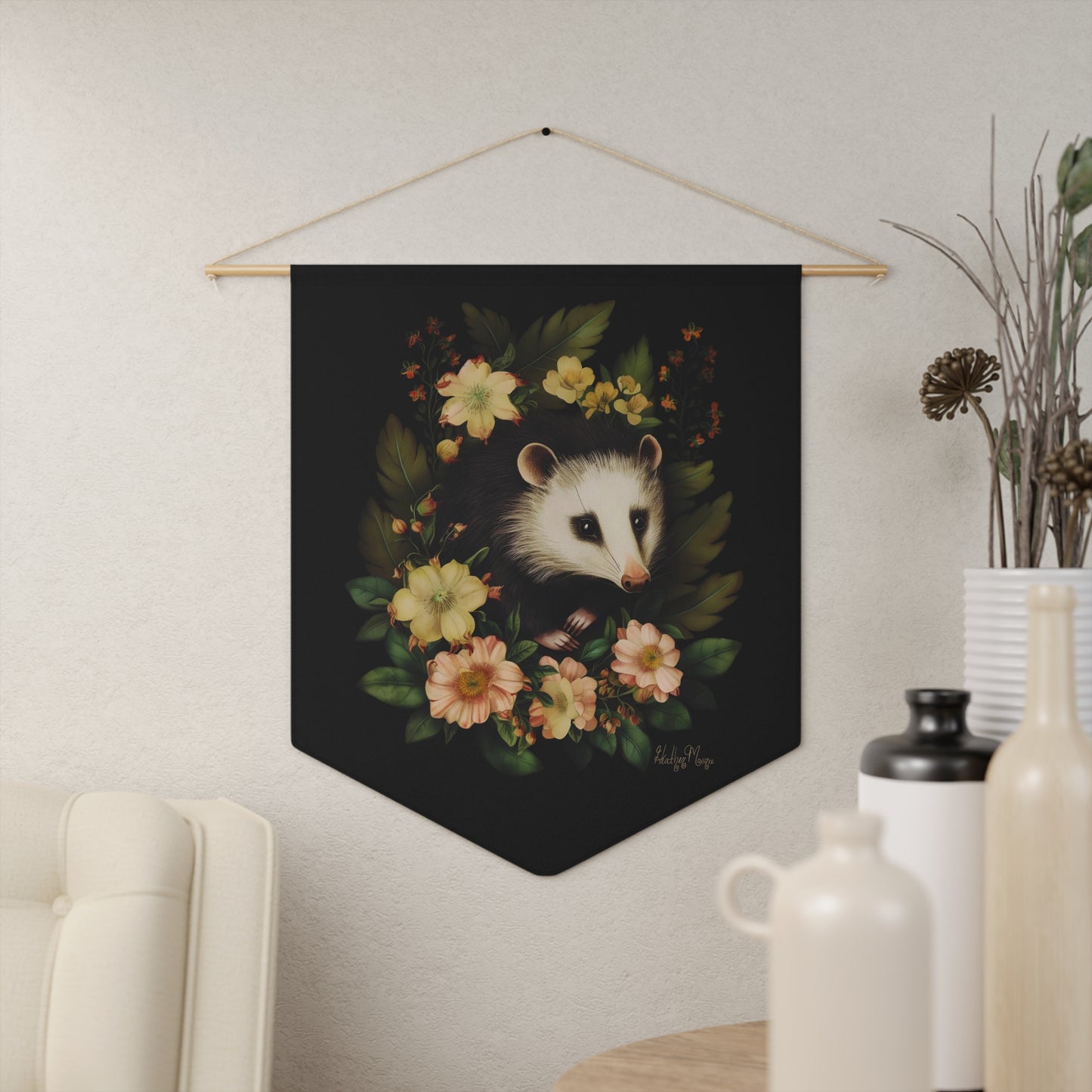 Fluffy Opossum with Flowers | Hanging Pennant