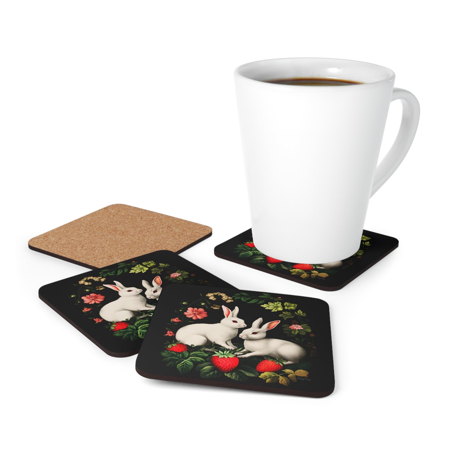 A Pair of Albino Bunnies with Berries | Set of 4 Coasters